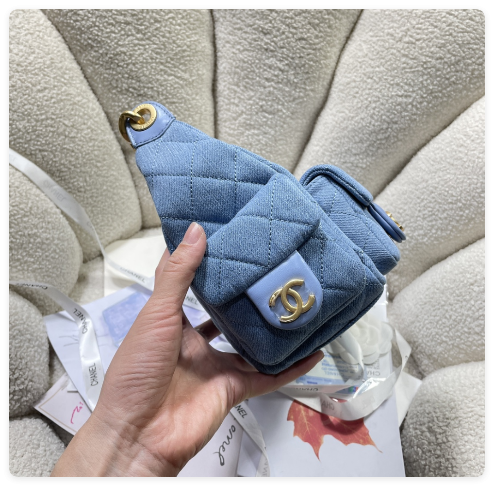 Ch*el cruise 2024/25 large hobo bag washed denim & gold-tone metal blue 22x 31x 15cm