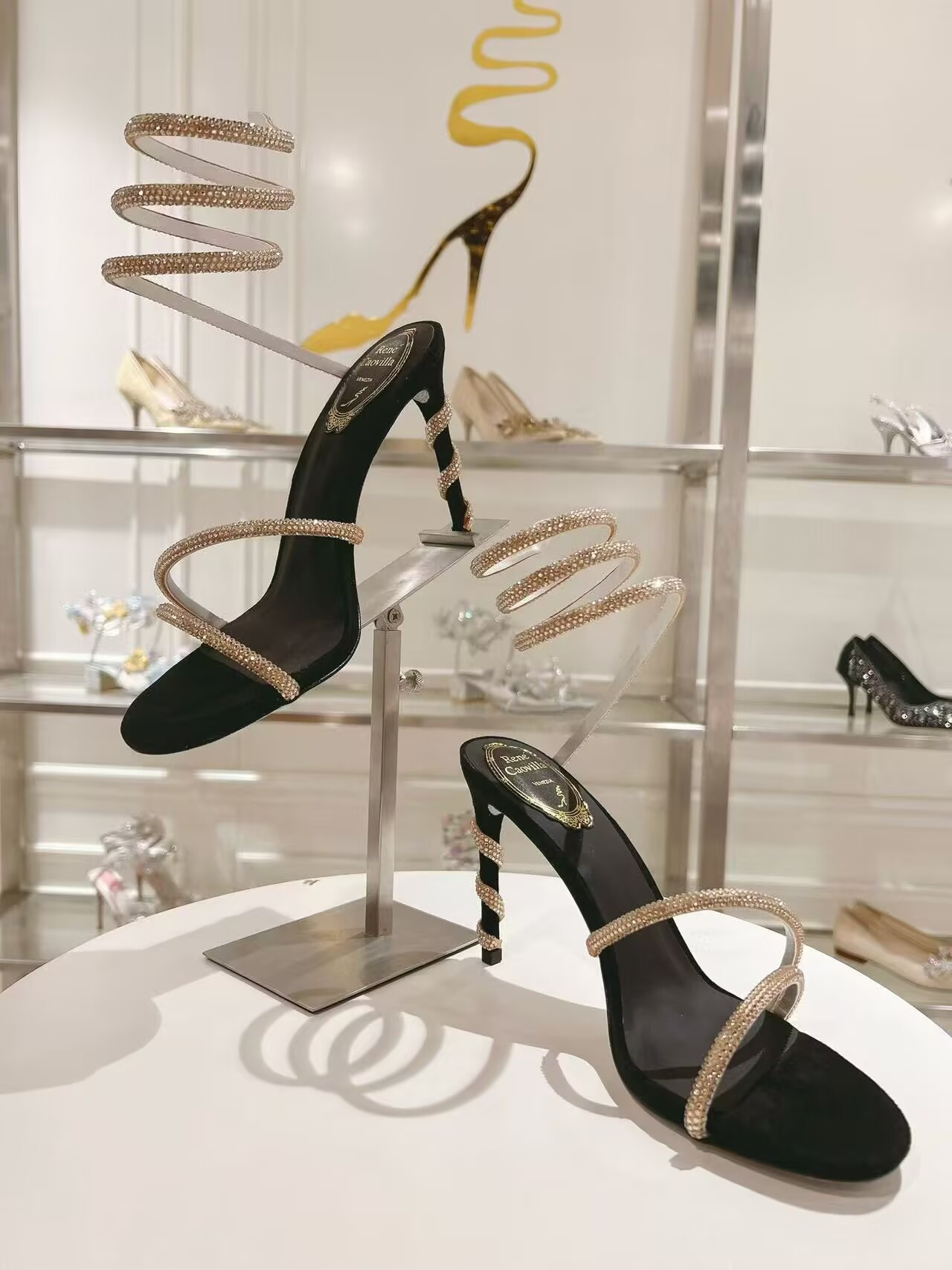 UA RENÉ CAOVILLA MARGOT BLACK JEWEL SANDALS SNAKE 95mm