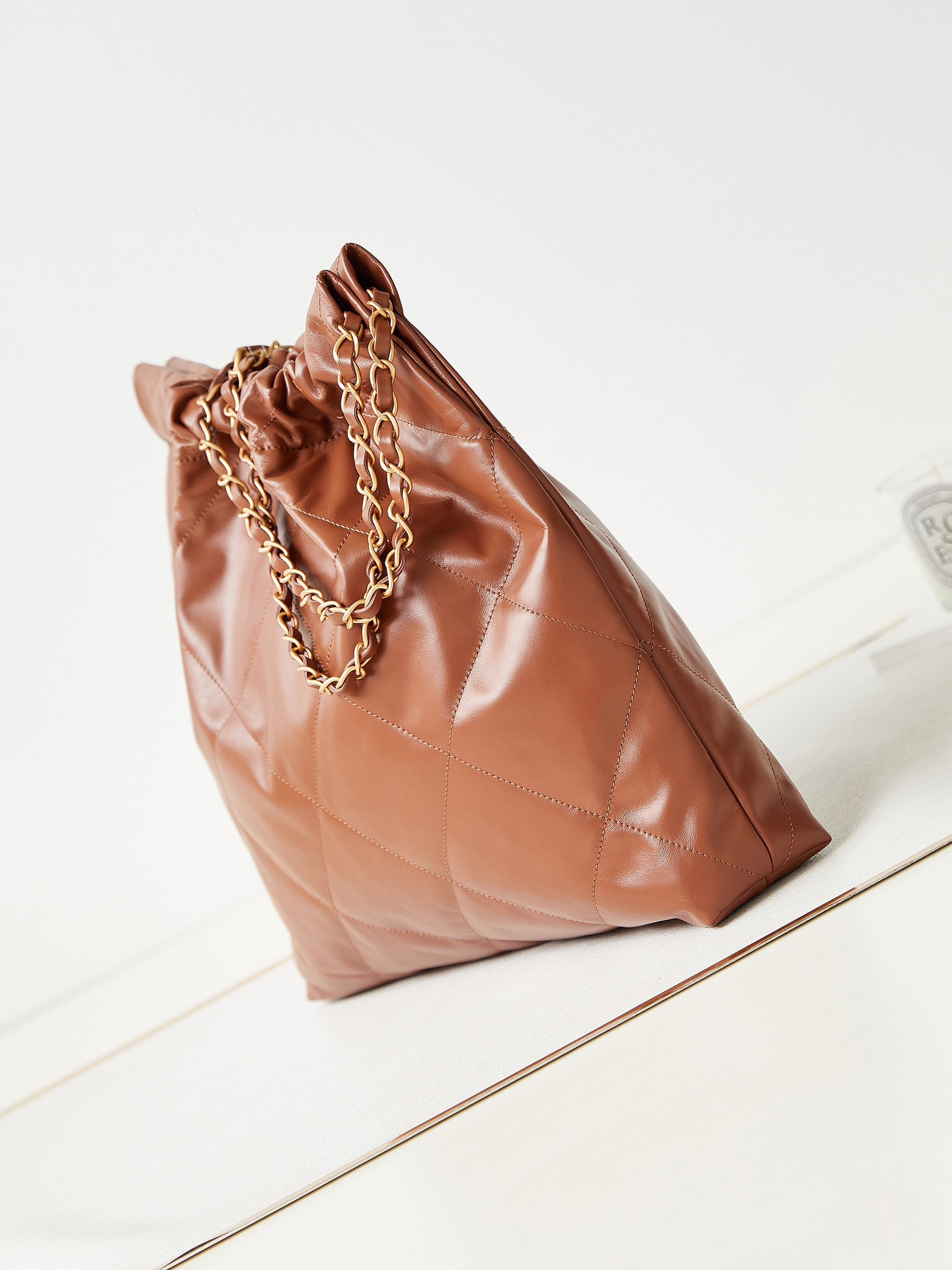 Ch*el 22 small handbag shiny calfskin brown 13.7×14.4×2.7 in