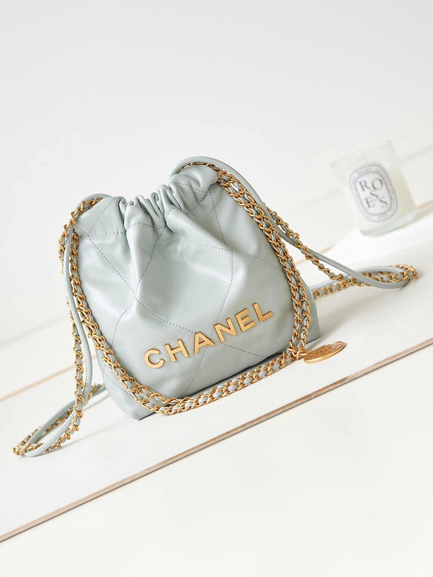 Ch*el 22 mini handbag shiny calfskin light blue 7.8 × 7.4 × 2.3 in