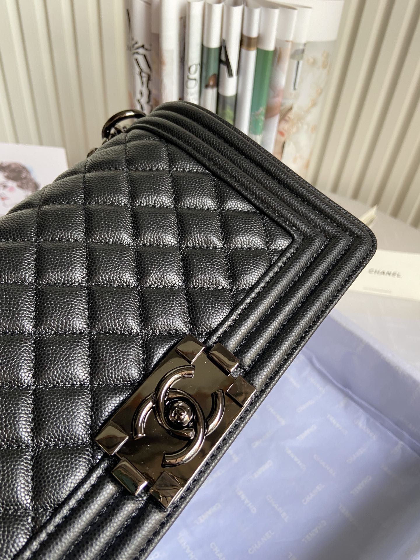 boy Ch*el handbag shiny grained calfskin black 5.9 × 9.8 × 3.5 in