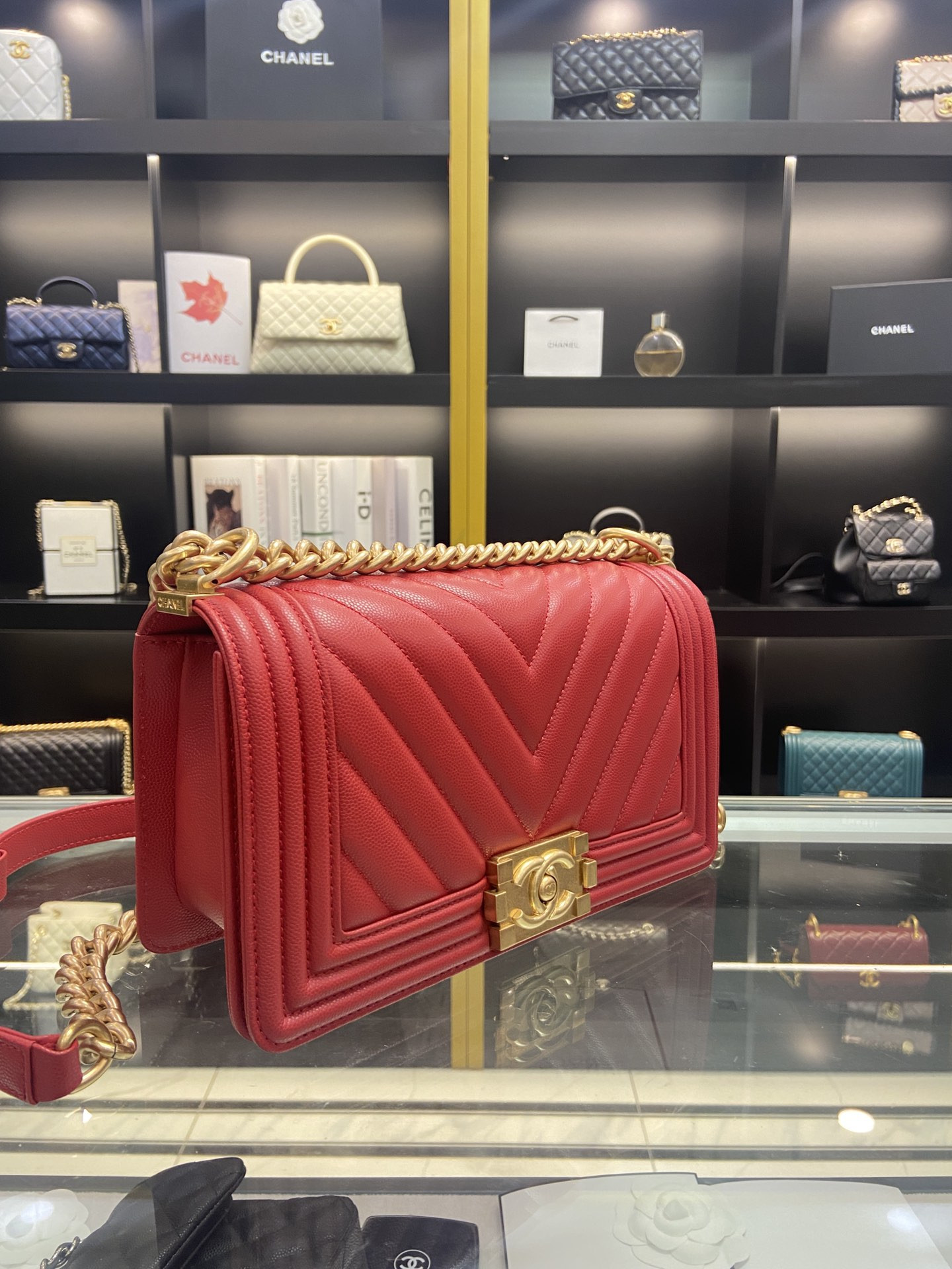 boy Ch*el handbag shiny red grained calfskin & gold-tone metal 5.9 × 9.8 × 3.5 in