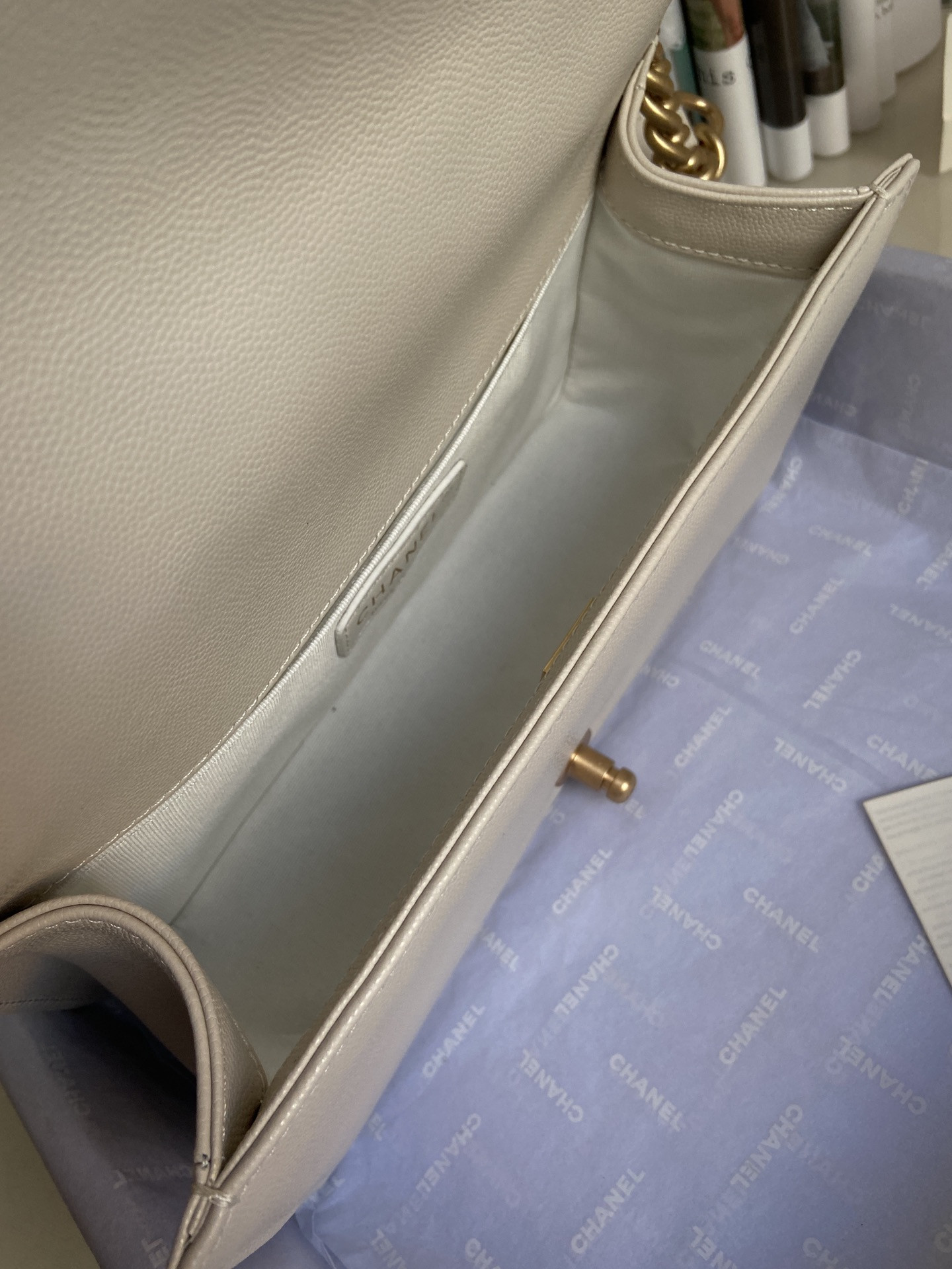 boy Ch*el handbag shiny grained calfskin & gold-tone metal beige 5.9 × 9.8 × 3.5 in