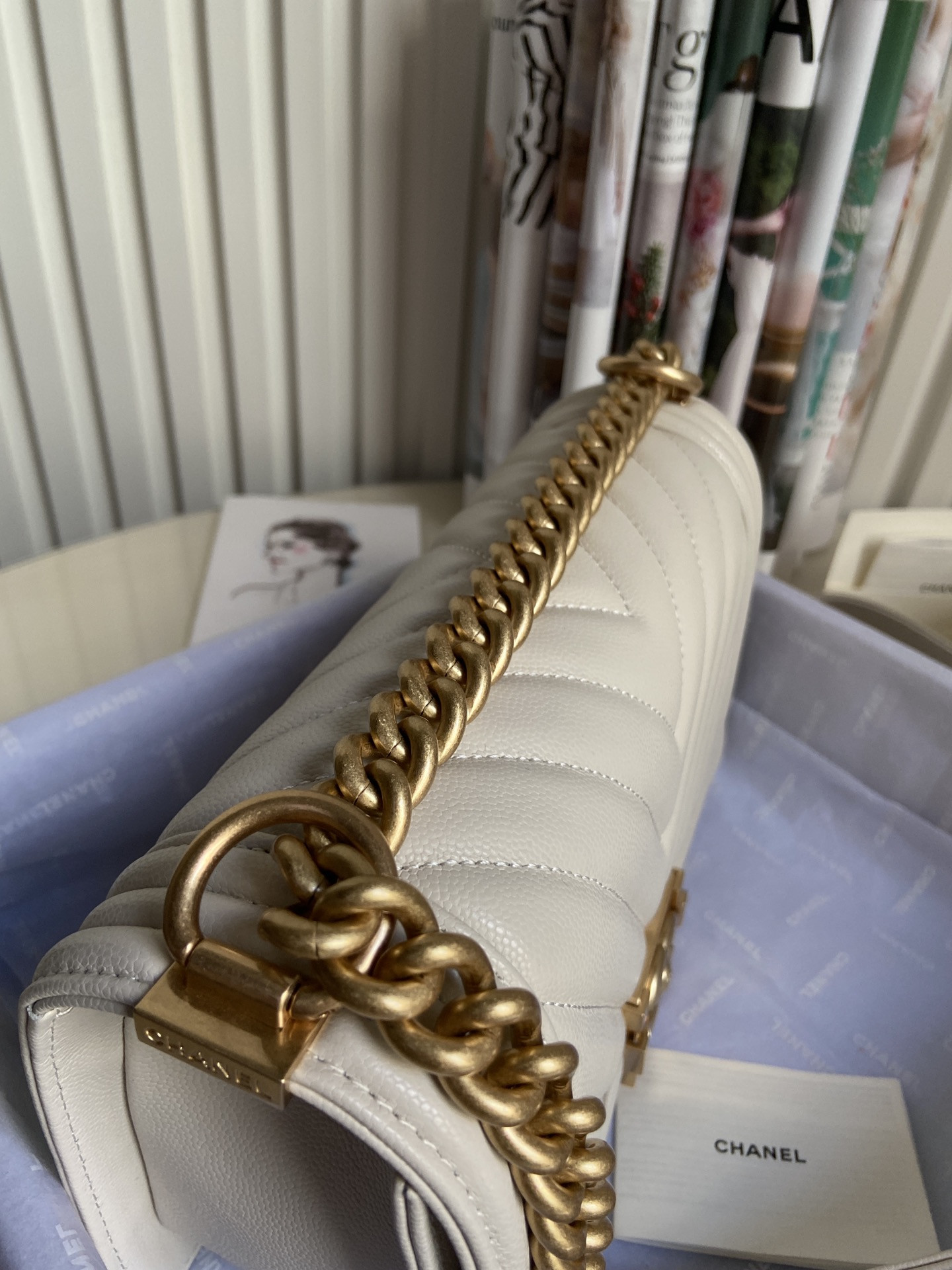 boy Ch*el handbag shiny grained calfskin & gold-tone metal beige 5.9 × 9.8 × 3.5 in