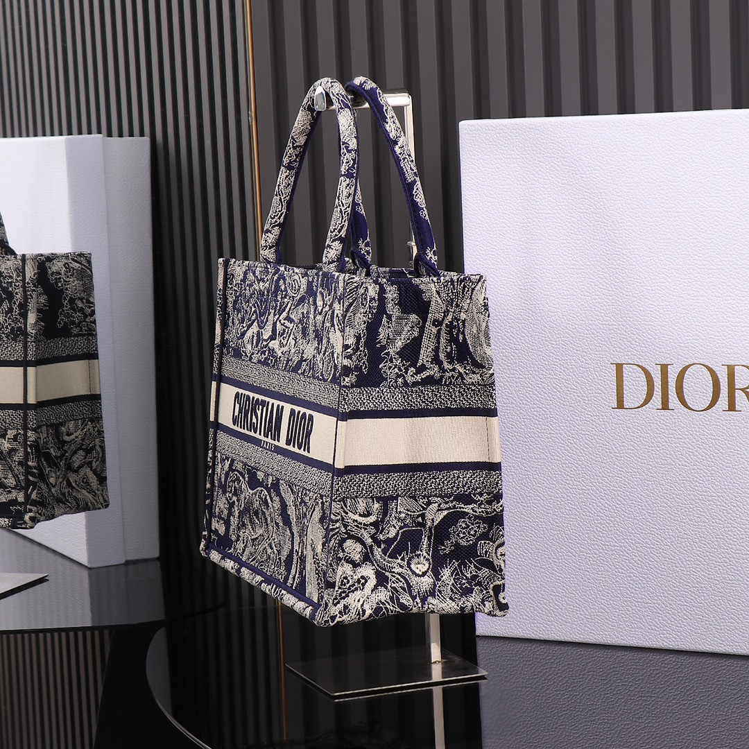 medium D*or book tote blue and ecru toile de jouy reverse embroidery 14 x 11 x 6.5 inches