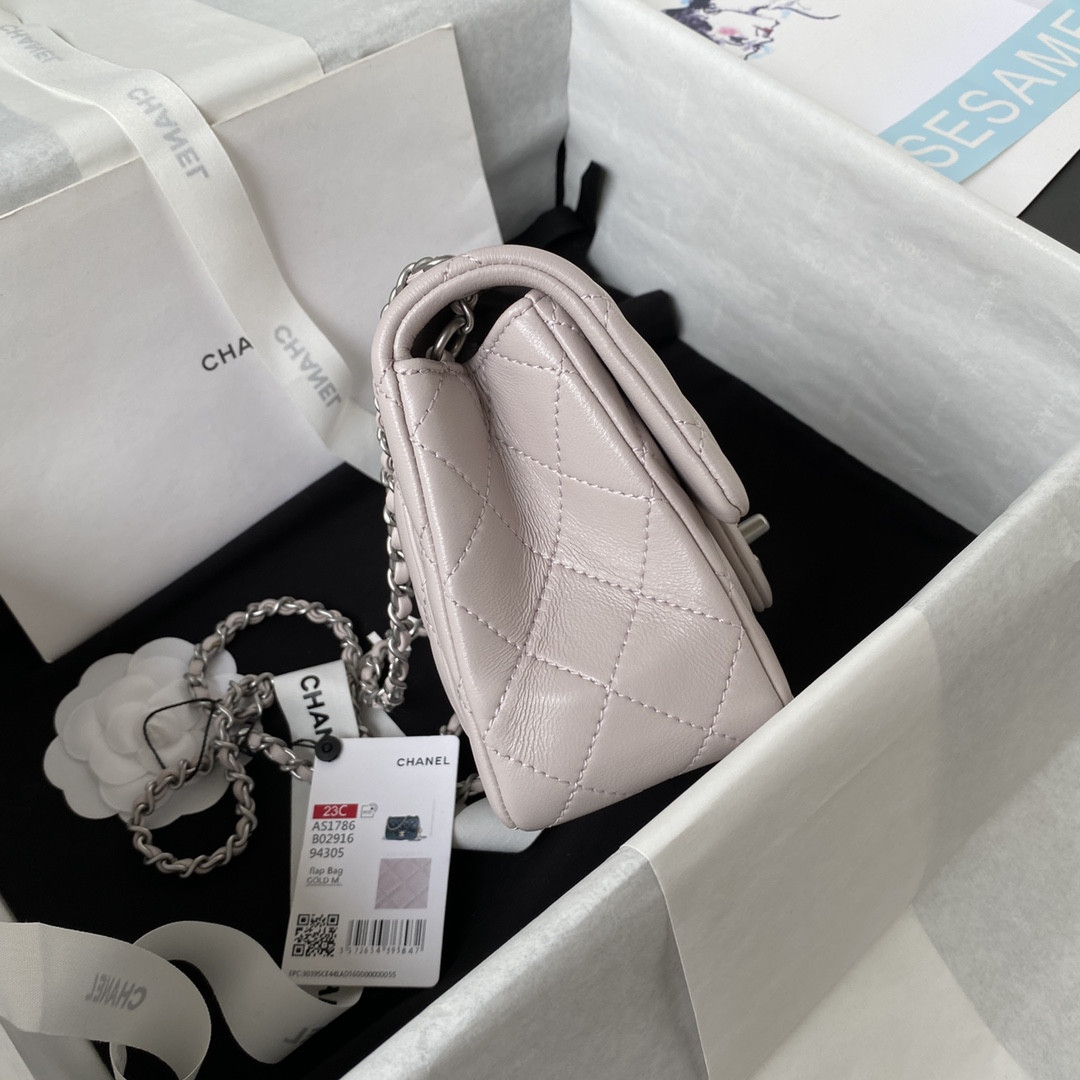 Ch*el mini flap bag shiny calfskin & silver-tone metal 5.3 × 6.6 × 3.1 in