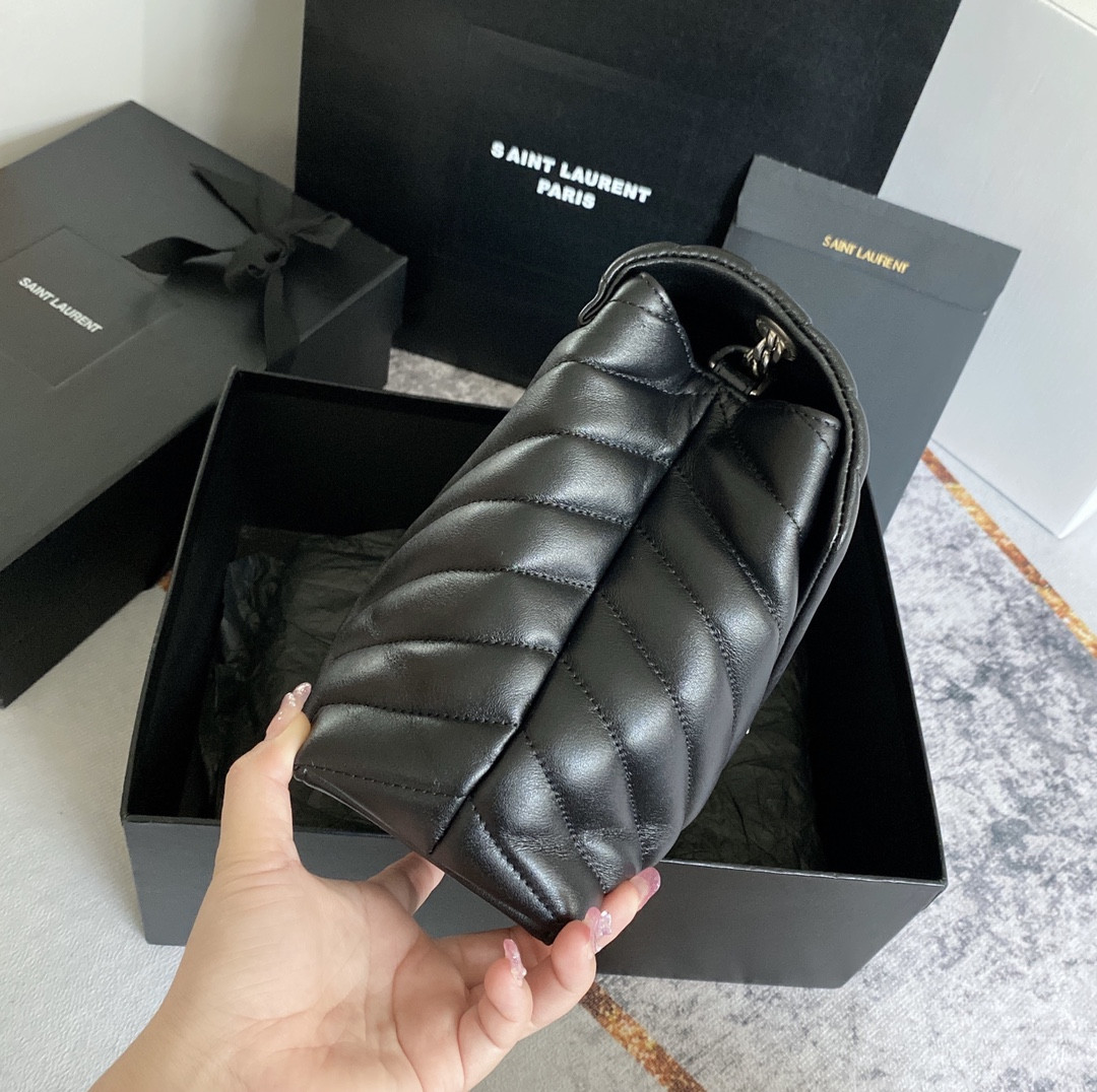 Y*L loulou medium in quilted leather black silver 12.5 x 8.6 x 3.5 inches