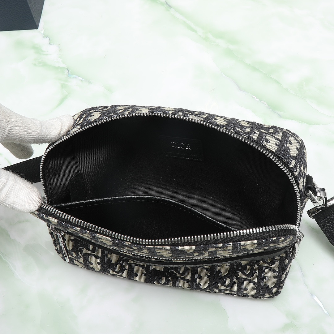 D*or safari bag with strap beige and black D*or oblique jacquard 8.5 x 6 x 2.5 inches