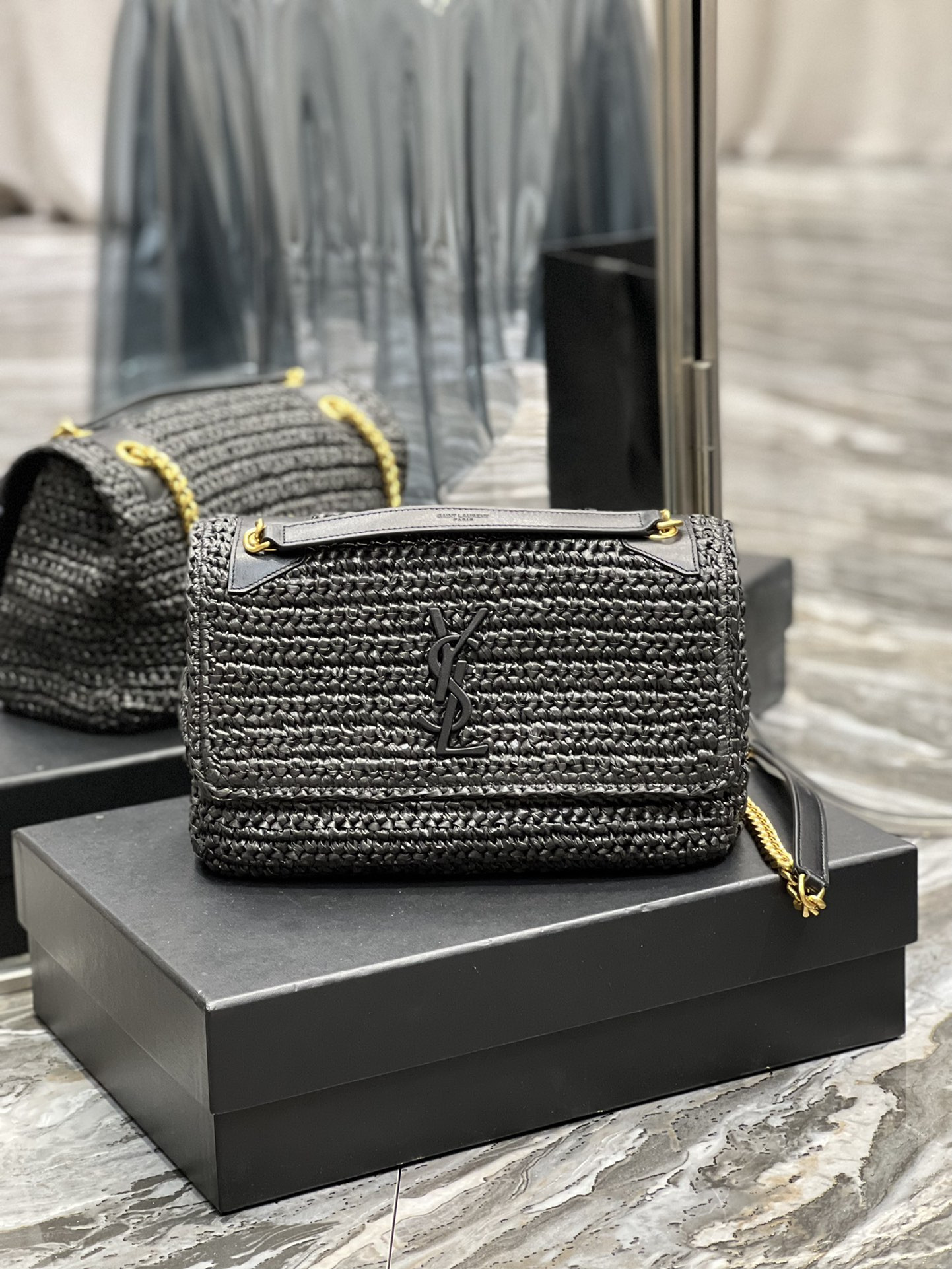 Y*L niki medium chain bag in raffia and leather black 11 x 7.8 x 3.3 inches