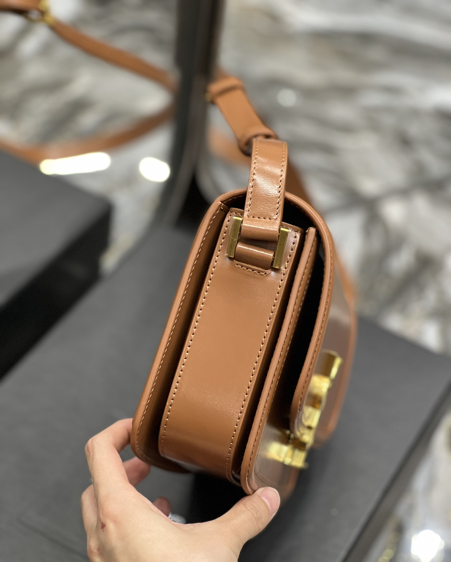 y*l solferino medium satchel in box Sa**t Lau*nt brown 9.1 x 6.3 x 2.4 inches