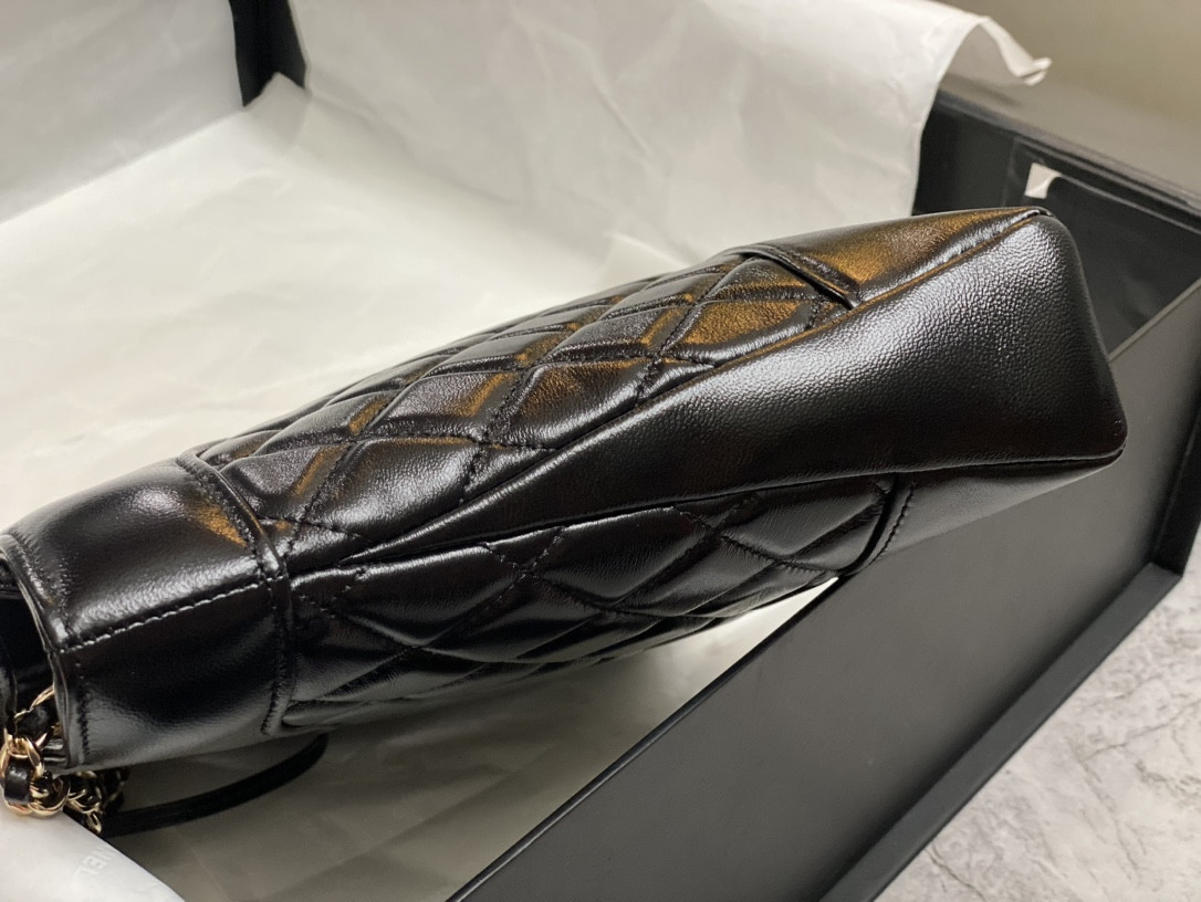 Ch*el mini shopping bag shiny lambskin & gold-tone metal black 22x23x5.5cm