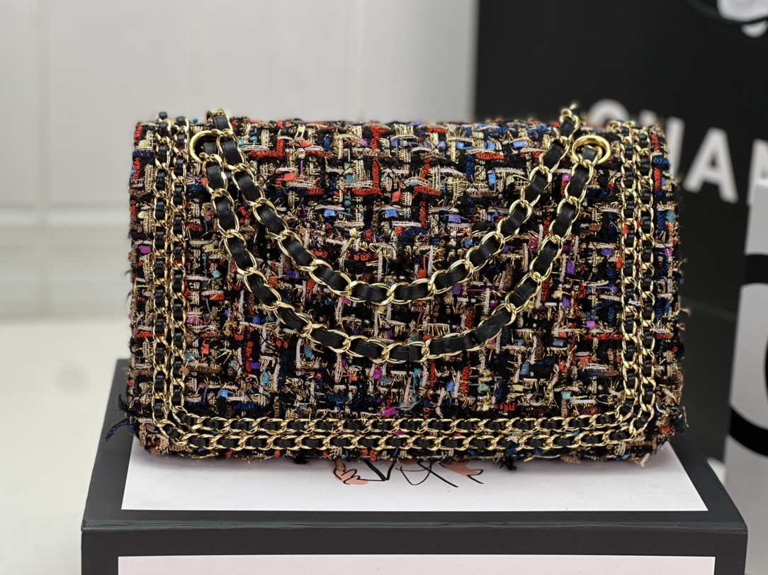 Ch*el classic 11.12 handbag tweed & gold-tone metal 6 × 9.9 × 2.5 in