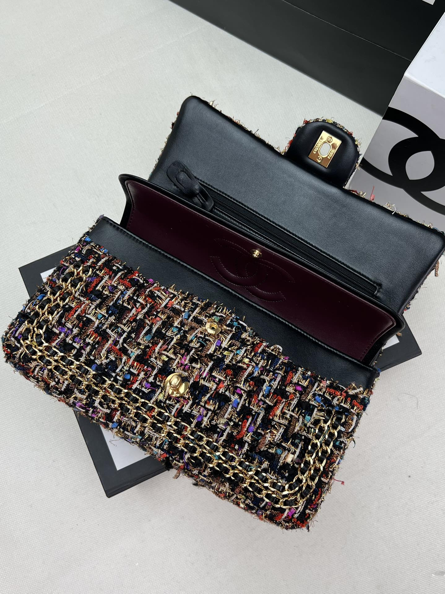 Ch*el classic 11.12 handbag tweed & gold-tone metal 6 × 9.9 × 2.5 in