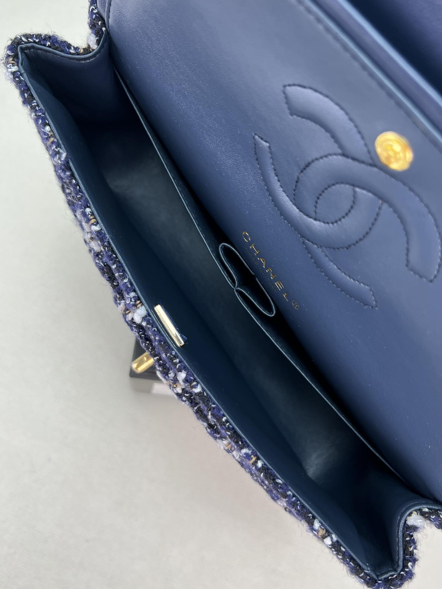 Ch*el classic 11.12 handbag tweed & gold-tone metal 6 × 9.9 × 2.5 in