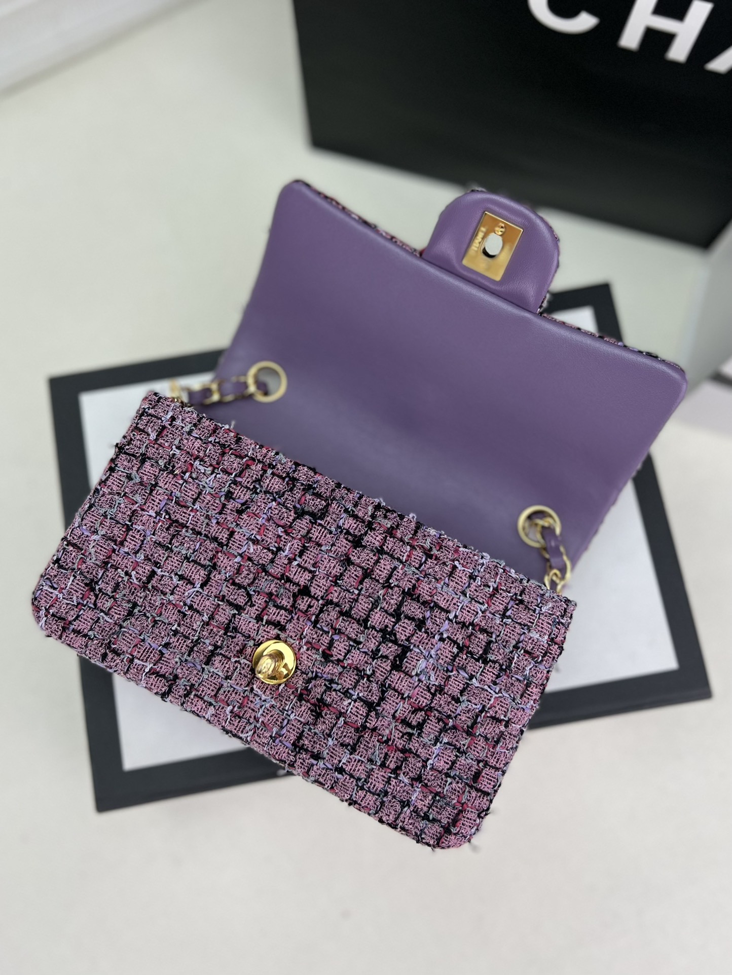 Ch*el mini classic 11.12 handbag tweed & gold-tone metal 4.7 × 7.8 × 2.3 in