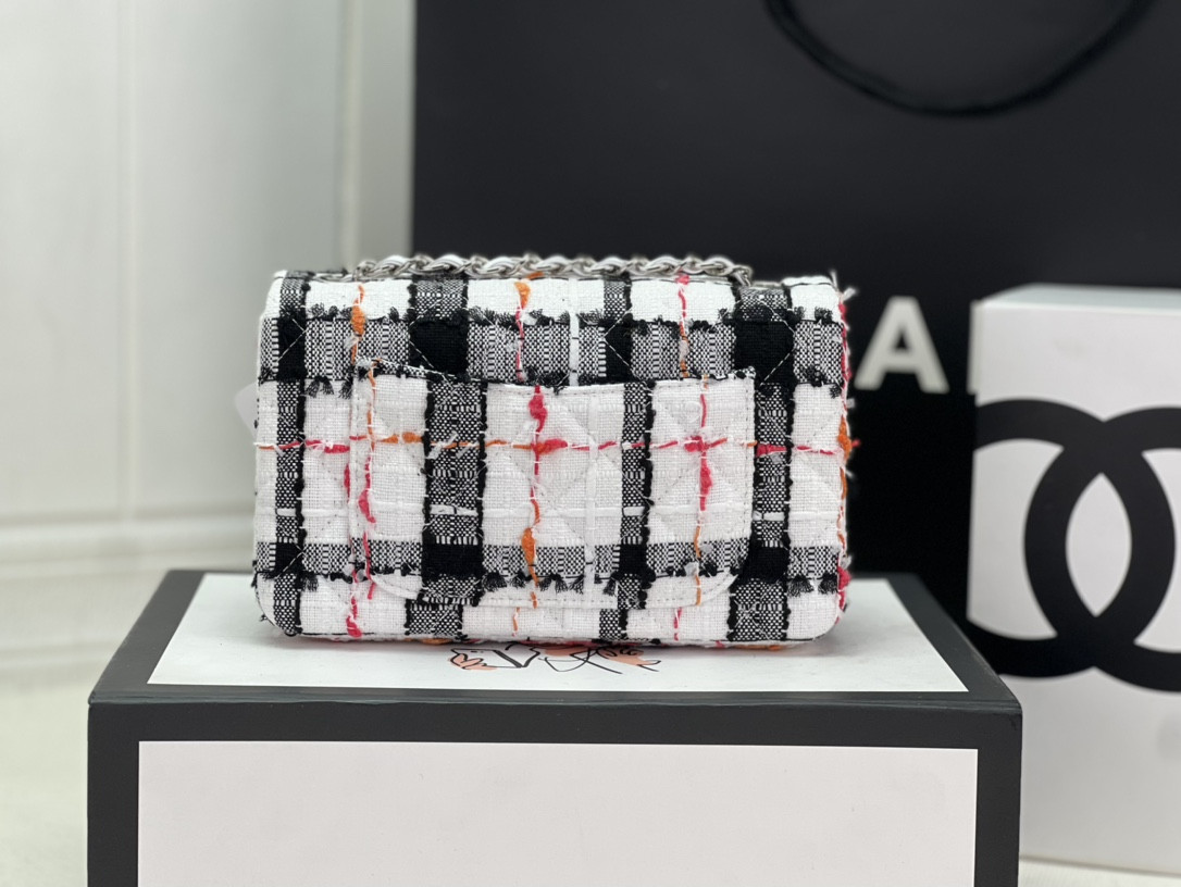 Ch*el mini classic 11.12 handbag tweed & silver-tone metal 4.7 × 7.8 × 2.3 in