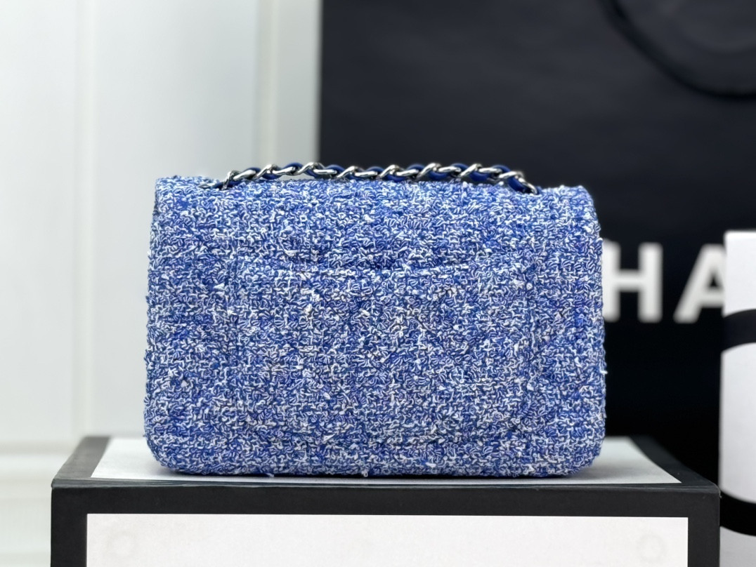 Ch*el mini classic 11.12 handbag tweed & silver-tone metal 4.7 × 7.8 × 2.3 in