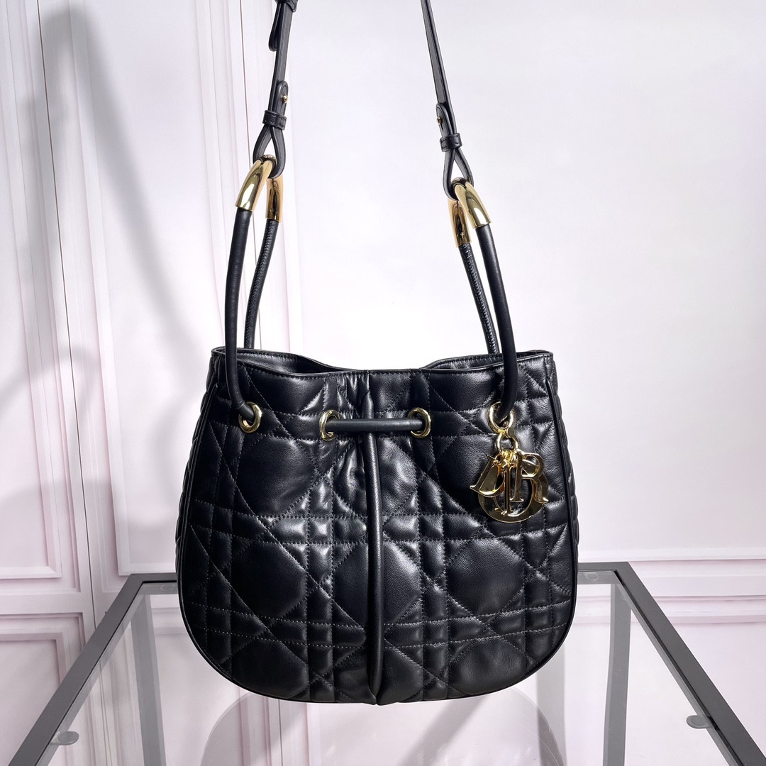 medium D*or nolita bag black macrocannage lambskin 10.5 x 10 x 2 inches