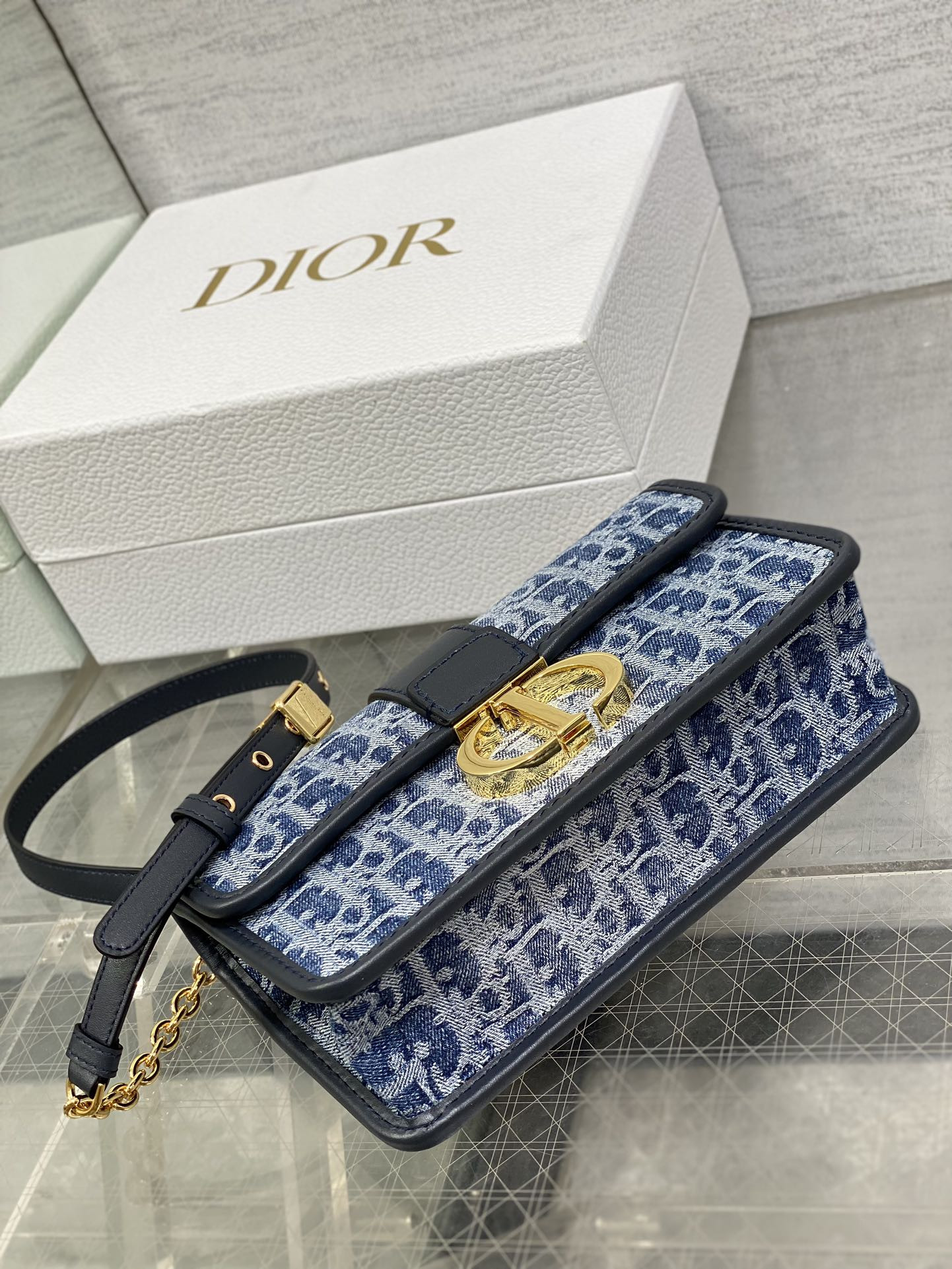 D*or 30 montaigne east-west bag with chain blue denim D*or oblique jacquard 21 x 12 x 6 cm
